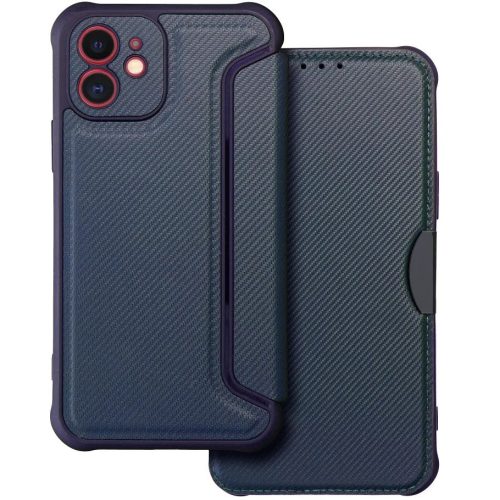 Samsung Galaxy S26 Ultra SM-S948, Oldalra nyíló tok, légpárnás sarok, bőrhatású, karbon minta, Razor Book, kék