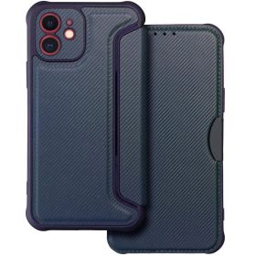   Samsung Galaxy A25 5G SM-A256B, Oldalra nyíló tok, légpárnás sarok, bőrhatású, karbon minta, Razor Book, kék