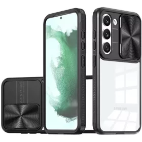   Samsung Galaxy S22 Ultra 5G SM-S908, Műanyag hátlap + szilikon keret, átlátszó akril hátlap, kamera védelem, Wooze Trendy, fekete