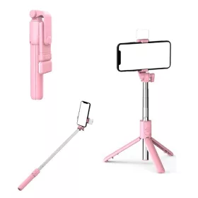   Prémium selfie bot, 19 - 70 cm, forgatható, exponáló gombbal, bluetooth-os, v4.0, tripod, világítással, R1S, rózsaszín