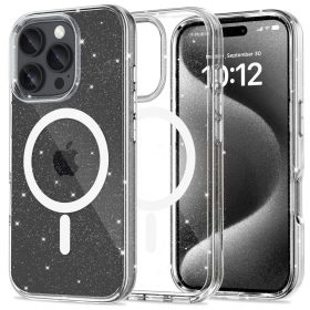   Apple iPhone 16 Pro, Műanyag hátlap védőtok + szilikon keret, Magsafe töltővel kompatibilis, csillogó hátlap, FlexAir Hybrid Magsafe Glitter, átlátszó