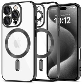   Apple iPhone 16 Pro Max, Műanyag hátlap védőtok + szilikon keret, közepesen ütésálló, Magsafe töltővel kompatibilis, fényes keret, Magflex Magsafe, átlátszó/fekete