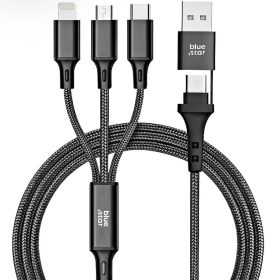   USB Type-C / USB töltő- és adatkábel 4in1, USB Type-C, Lightning, microUSB, 120 cm, 2400 mA, 12W, törésgátlóval, cipőfűző minta, Blue Star C172, fekete