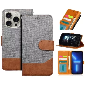   Samsung Galaxy A25 5G SM-A256B, Oldalra nyíló tok, stand, kártyatartóval, farmer minta, Jeans Book, szürke