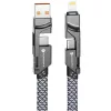 USB Type-C / USB töltő- és adatkábel 4in1, USB Type-C / Lightning, 100 cm, 3000 mA, 60W, változtatható töltőfej, törésgátló, lapos, gyorstöltés, cipőfűző minta, Forcell F-Energy C241, szürke
