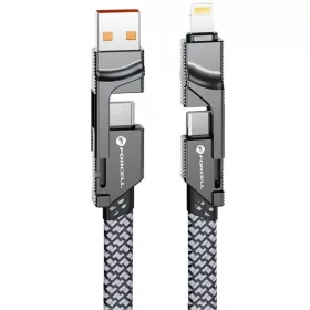   USB Type-C / USB töltő- és adatkábel 4in1, USB Type-C / Lightning, 100 cm, 3000 mA, 60W, változtatható töltőfej, törésgátló, lapos, gyorstöltés, cipőfűző minta, Forcell F-Energy C241, szürke