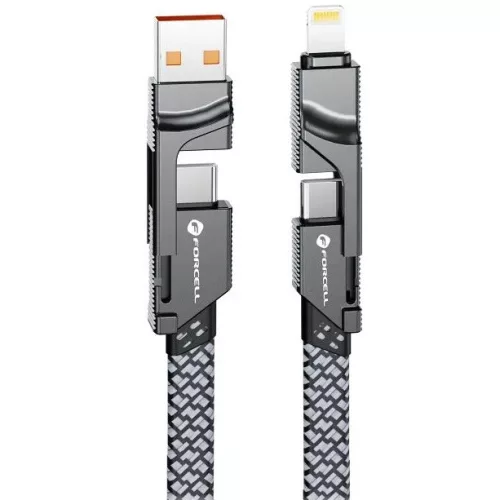 USB Type-C / USB töltő- és adatkábel 4in1, USB Type-C / Lightning, 100 cm, 3000 mA, 60W, változtatható töltőfej, törésgátló, lapos, gyorstöltés, cipőfűző minta, Forcell F-Energy C241, szürke