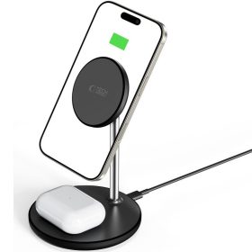   Univerzális vezeték nélküli töltő állomás 2in1, Qi Wireless, 15W, asztali tartó, mágneses, MagSafe kompatibilis, Tech-Protect QI15W-A39, fekete