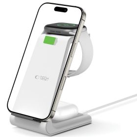   Univerzális vezeték nélküli töltő állomás 3in1, Qi Wireless, 10W, asztali tartó, Apple eszközökhöz, Tech-Protect QI15W-A36, fehér