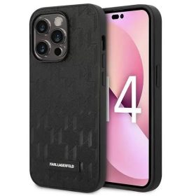   Apple iPhone 14 Pro, Műanyag hátlap védőtok, bőrhatású hátlap, Monogram minta, Karl Lagerfeld Saffiano Mono Metal Logo, fekete