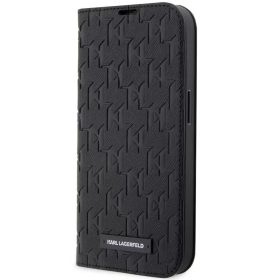   Apple iPhone 14 Pro, Oldalra nyíló tok, stand, kártyatartóval, 3D monogram minta, Karl Lagerfeld Saffiano Monogram Book, fekete