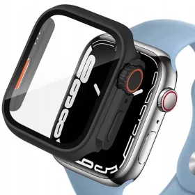   Apple Watch 7-9 (45mm), Műanyag védőkeret, kijelzővédő üveggel, szíj nélkül, TP Defense360, fekete/narancs